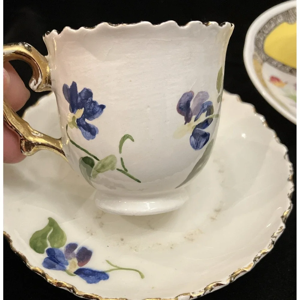 Vintage Lot 3 Fine China Porcelain Teacups & Saucers Floral Gold Blue Avon